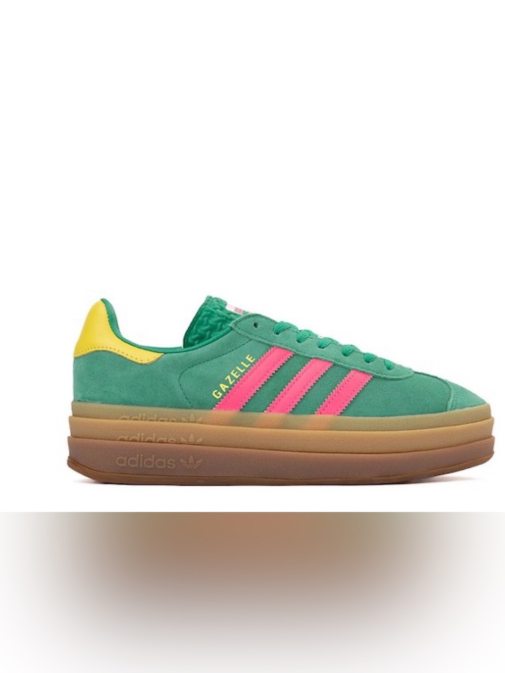 adidas Gazelle Platform Sneaker in Green with Pink Stripes and Yellow Heel